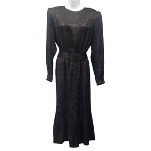 VTG 80s Cadaz Silk Dress Black Silk Floral Jacquard Gothic Glam Formal Size 14